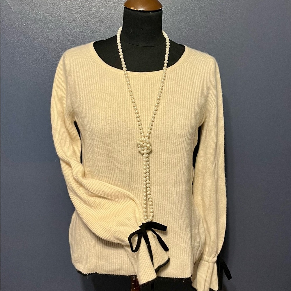 Ann Taylor 100% Cashmere Ivory Sweater with Black Bow Details